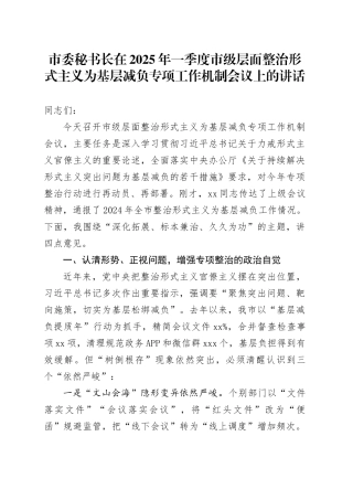市委秘书长在2025年一季度市级层面整治形式主义为基层减负专项工作机制会议上的讲话