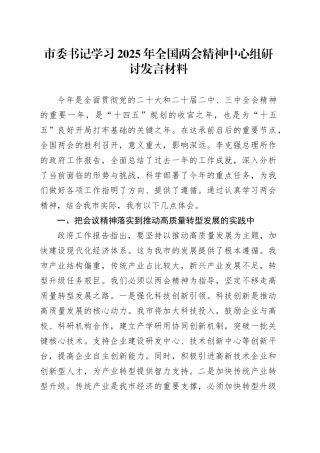 市委书记学习2025年全国两会精神中心组研讨发言材料