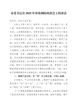 市委书记在2025年乡镇街道调研座谈会上的讲话