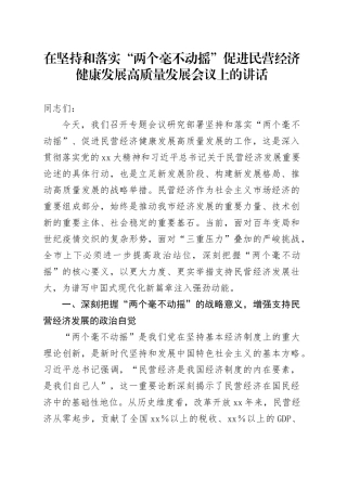 市委书记在坚持和落实“两个毫不动摇” 促进民营经济健康发展高质量发展会议上的讲话
