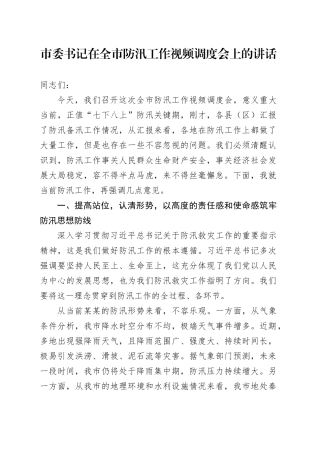 市委书记在全市防汛工作视频调度会上的讲话