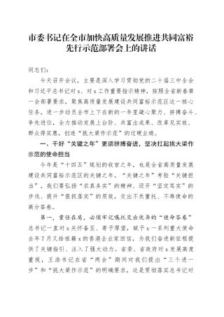 市委书记在全市加快高质量发展推进共同富裕先行示范部署会上的讲话