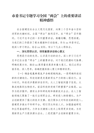 市委书记专题学习全国“两会”上的重要讲话精神感悟