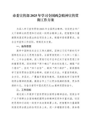 市委宣传部2025年学习全国两会精神宣传贯彻工作方案
