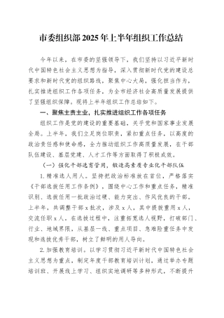 市委组织部2025年上半年组织工作总结