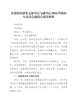 市委组织部党支部书记与副书记2024年组织生活会会前谈心谈话材料