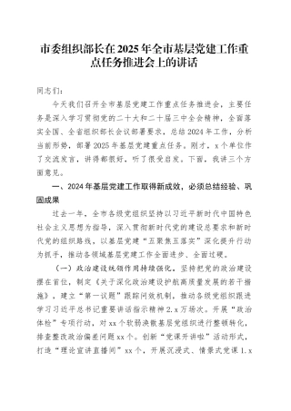 市委组织部长在2025年全市基层党建工作重点任务推进会上的讲话
