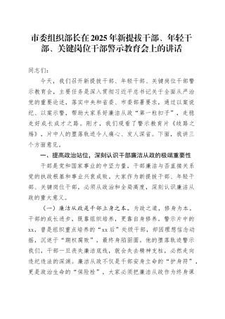 市委组织部长在2025年新提拔干部、年轻干部、关键岗位干部警示教育会上的讲话