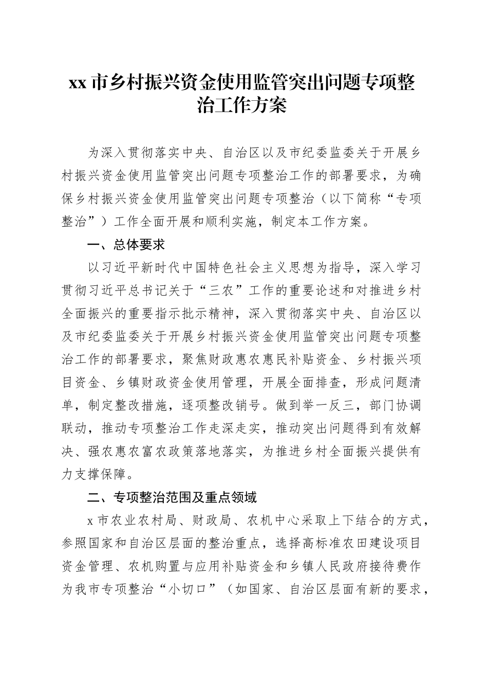市乡村振兴资金使用监管突出问题专项整治工作方案_第1页