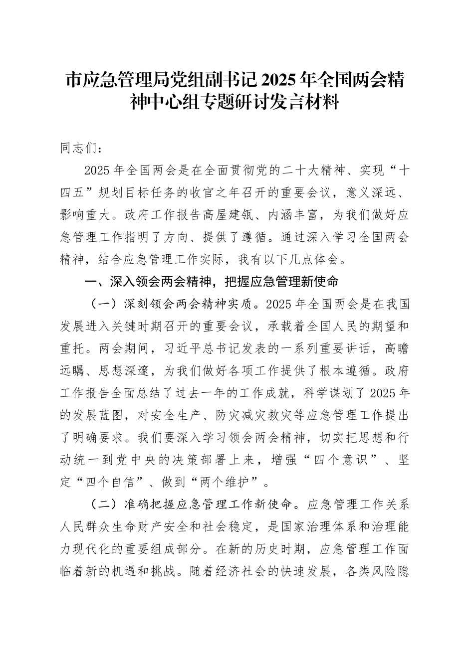 市应急管理局党组副书记2025年全国两会精神中心组专题研讨发言材料_第1页