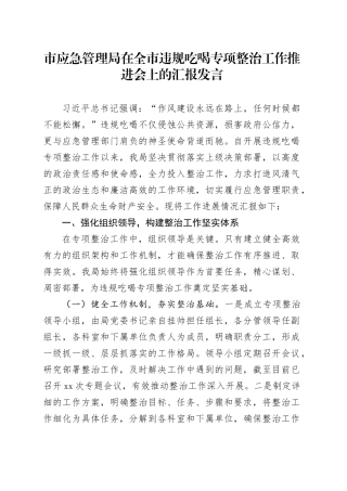 市应急管理局在全市违规吃喝专项整治工作推进会上的汇报发言