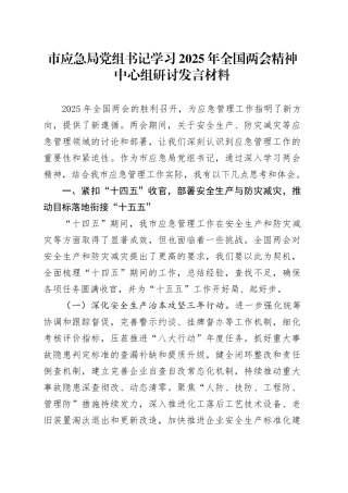 市应急局党组书记学习2025年全国两会精神中心组研讨发言材料