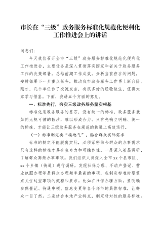 市长在“三级”政务服务标准化规范化便利化工作推进会上的讲话