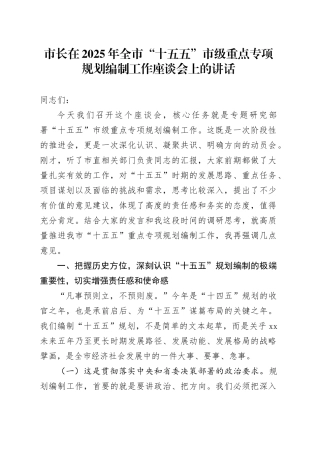 市长在2025年全市“十五五”市级重点专项规划编制工作座谈会上的讲话