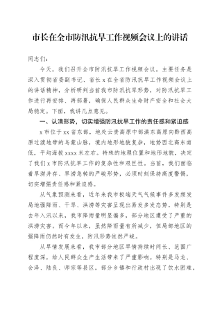 市长在全市防汛抗旱工作视频会议上的讲话