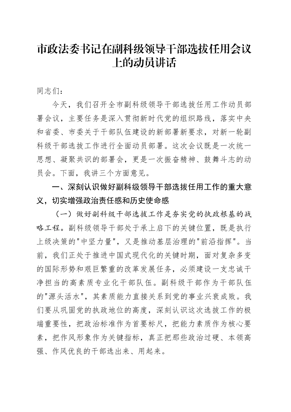市政法委书记在副科级领导干部选拔任用会议上的动员讲话_第1页