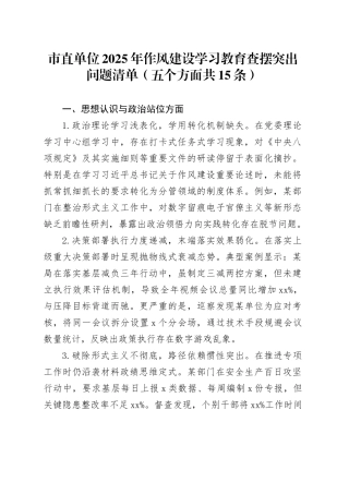市直单位2025年作风建设深入贯彻中央八项规定精神学习教育查摆突出问题清单（五个方面共15条）20250506