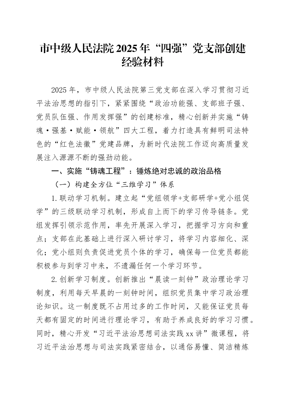 市中级人民法院2025年“四强”党支部创建经验材料_第1页