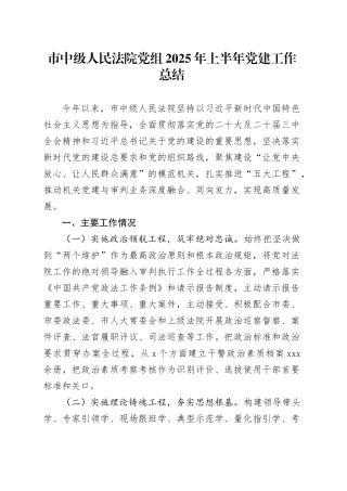 市中级人民法院党组2025年上半年党建工作总结