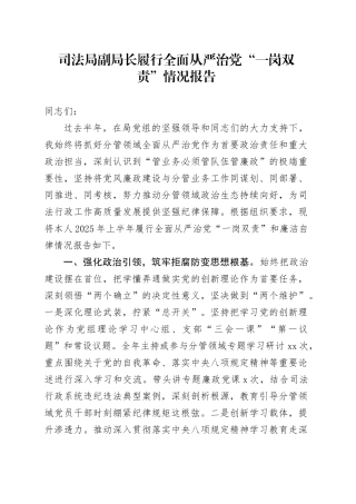司法局副局长履行全面从严治党“一岗双责”情况报告