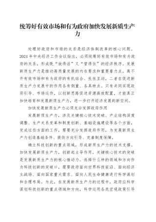 统筹好有效市场和有为政府 加快发展新质生产力