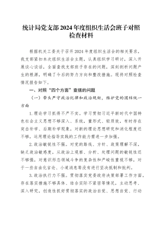 统计局党支部2024年度组织生活会班子对照检查材料（四个带头，纪律规矩团结统一、党性纪律作风、清正廉洁、从严治党，检视剖析，发言提纲）20250312
