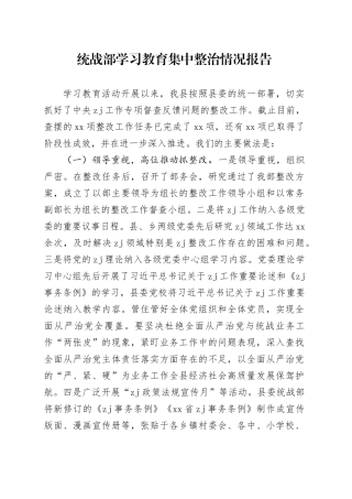 统战部学习教育集中整治情况报告