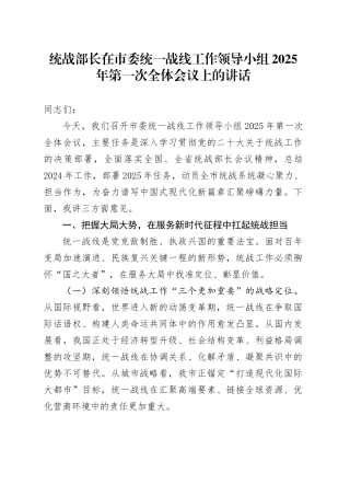 统战部长在市委统一战线工作领导小组2025年第一次全体会议上的讲话