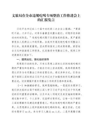 文旅局在全市违规吃喝专项整治工作推进会上的汇报发言