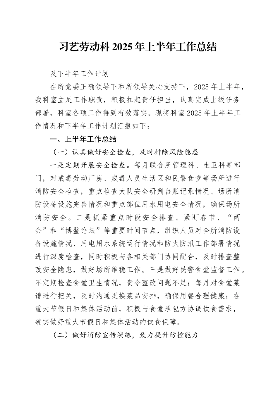 习艺劳动科2025年上半年工作总结及下半年工作计划_第1页