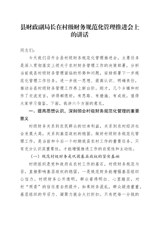 县财政副局长在村级财务规范化管理推进会上的讲话