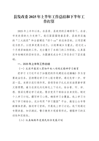 县发改委2025年上半年工作总结和下半年工作打算