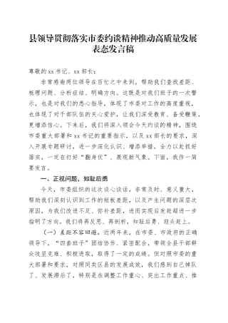 县领导贯彻落实市委约谈精神推动高质量发展表态发言稿