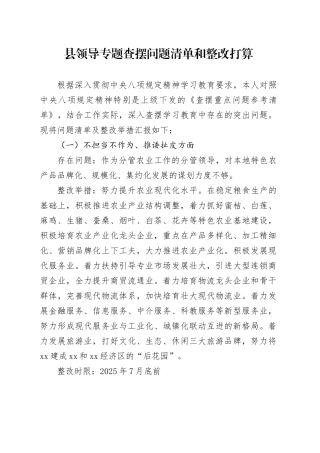 县领导专题查摆问题清单和整改打算