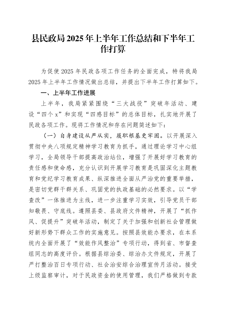 县民政局2025年上半年工作总结和下半年工作打算_第1页