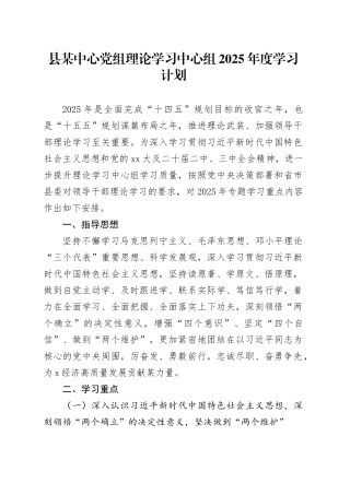 县某中心党组理论学习中心组2025年度学习计划