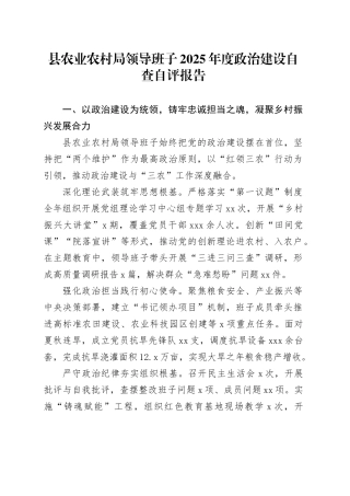 县农业农村局领导班子2025年度政治建设自查自评报告