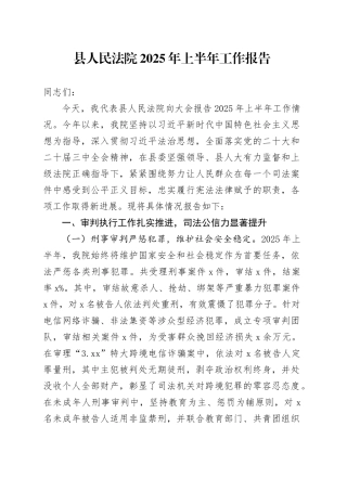 县人民法院2025年上半年工作报告