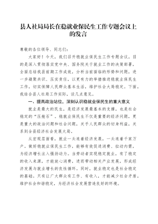 县人社局局长在稳就业保民生工作专题会议上的发言