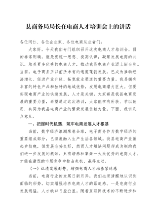 县商务局局长在电商人才培训会上的讲话