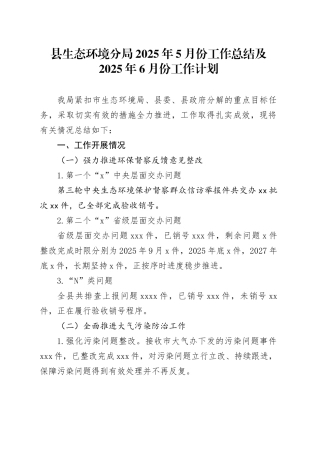 县生态环境分局2025年5月份工作总结及2025年6月份工作计划