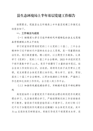 县生态环境局上半年基层党建工作报告