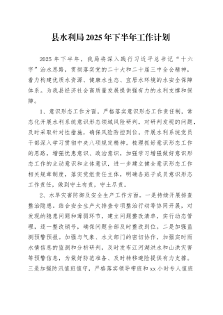 县水利局2025年下半年工作计划