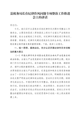 县税务局长在纪律作风问题专项整治工作推进会上的讲话