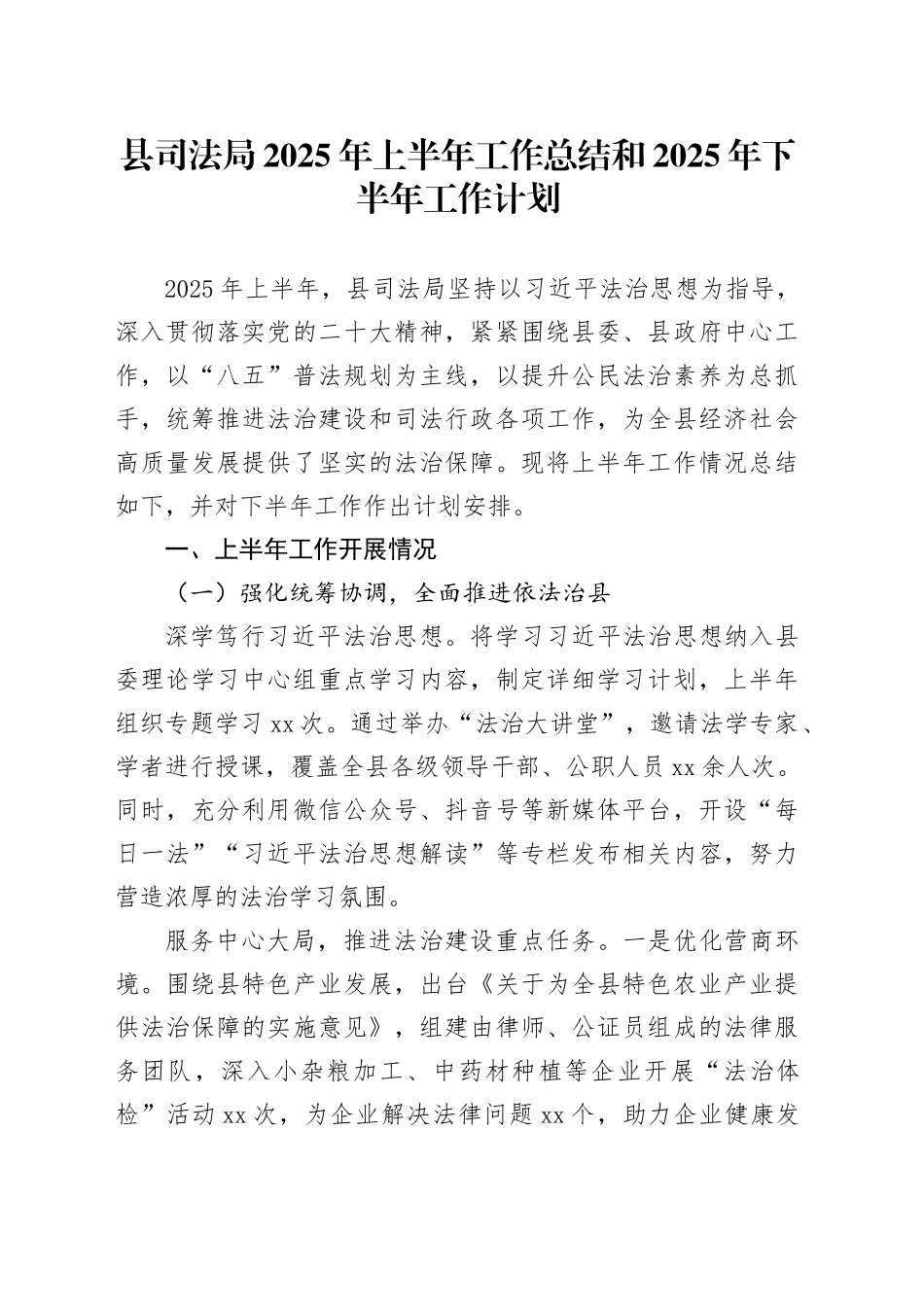 县司法局2025年上半年工作总结和2025年下半年工作计划_第1页