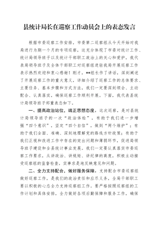 县统计局长在巡察工作动员会上的表态发言