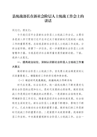 县统战部长在新社会阶层人士统战工作会上的讲话