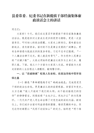 县委常委、纪委书记在新提拔干部任前集体廉政谈话会上的讲话