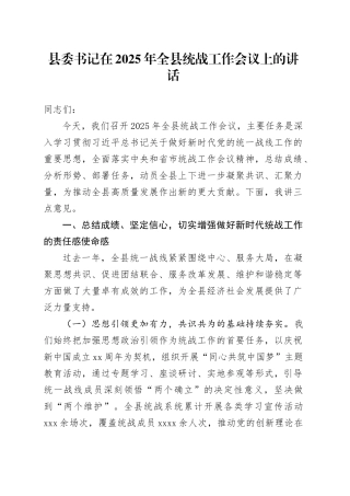 县委书记在2025年全县统战工作会议上的讲话