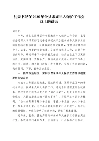 县委书记在2025年全县未成年人保护工作会议上的讲话